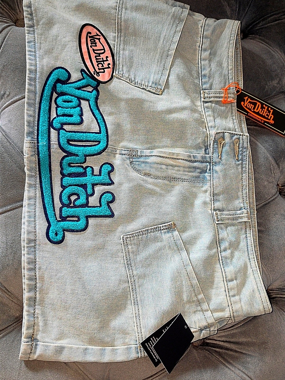 Von Dutch Light Blue Denim Jeans with Turquoise & Pink Logo Patch
